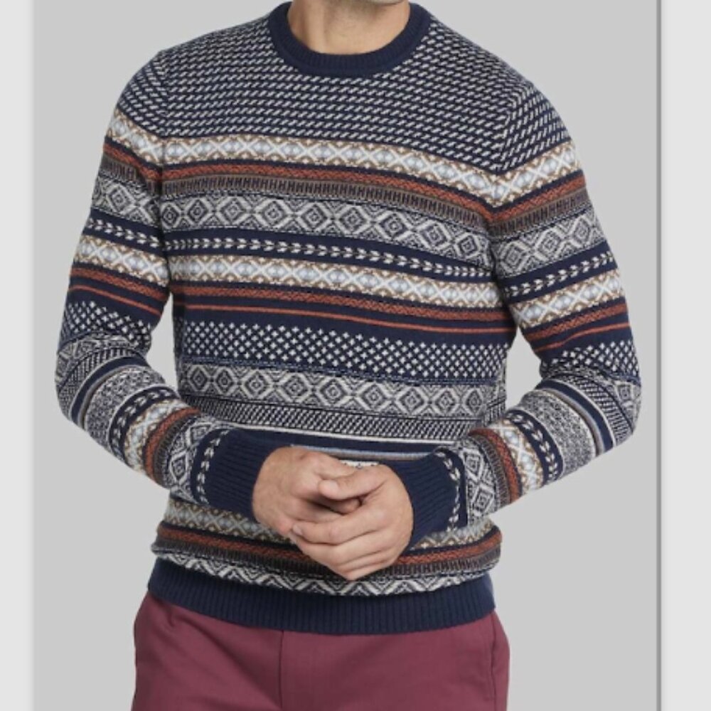 Jos. A. Bank Tailored Fit Fair Isle Crew Neck Sweater - colour:Navy